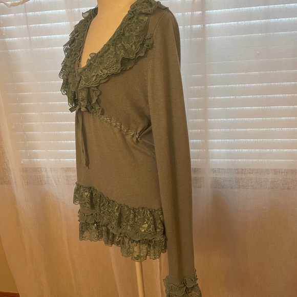 BCBGMAXAZRIA  Cashmere & Angora V-Neck Sweater, Ruffles & Lace, Sz XL Light Blue - Picture 3 of 8